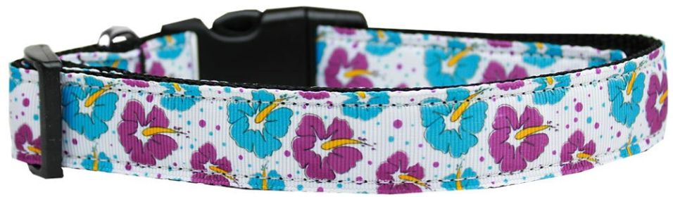 Pet Dog and Cat Nylon Collar or Leash, "Blue & Purple Hibiscus Flowers" (size: Cat Collar)