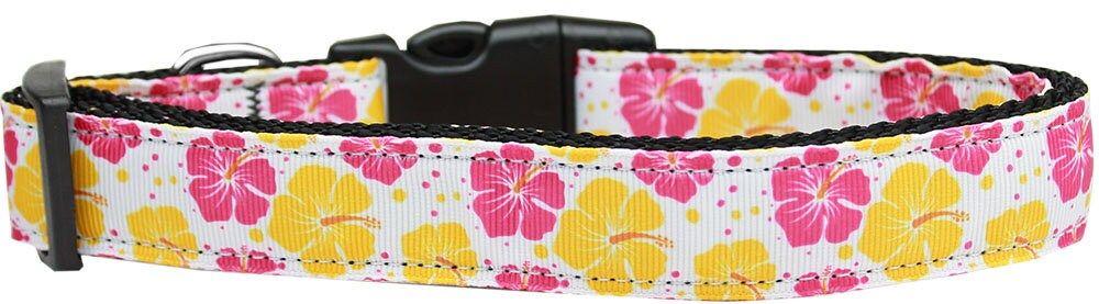 Pet Dog and Cat Nylon Collar or Leash, "Pink & Yellow Hibiscus Flowers" (size: Cat Collar)
