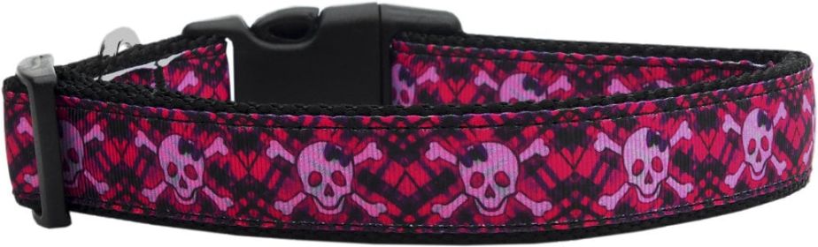 Pet Dog & Cat Nylon Collar or Leash, "Hot Pink Plaid Skulls" (size: Cat Collar)