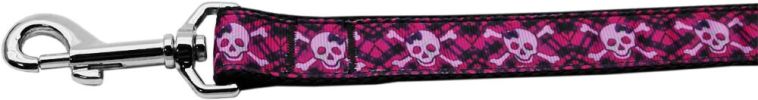 Pet Dog & Cat Nylon Collar or Leash, "Hot Pink Plaid Skulls"