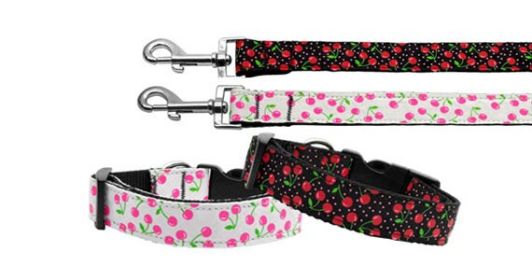 Pet Dog & Cat Nylon Collar or Leash, "Cherries" (Color: Black, size: Cat Safety Collar)