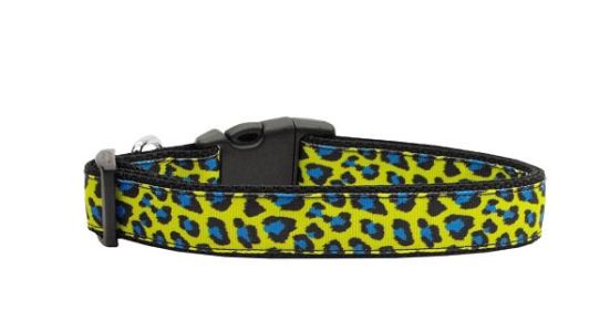 Pet Dog & Cat Nylon Collar or Leash, "Blue and Yellow Leopard Print" (size: Cat Collar)