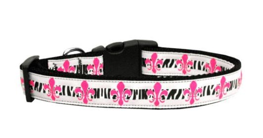 Pet Dog & Cat Nylon Collar or Leash, "Pink Fleur De Lis" (size: Cat Collar)