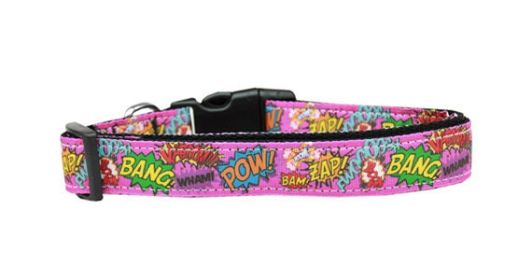 Pet Dog & Cat Nylon Collar or Leash, "Superhero Sound Effects Pink" (size: Cat Collar)