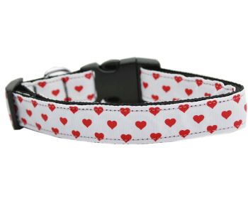 Pet Dog & Cat Nylon Collar or Leash, "White and Red Dotty Hearts" (size: Cat Collar)