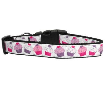 Pet Dog & Cat Nylon Collar or Leash, "Pink Purple Cupcakes" (size: Cat Collar)