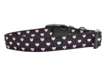 Pet Dog and Cat Nylon Collar or Leash, "Pink & Black Dotty Hearts" (size: Cat Collar)