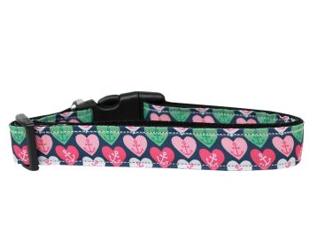 Pet Dog & Cat Nylon Collar or Leash, "Anchor Candy Hearts" (size: Cat Collar)