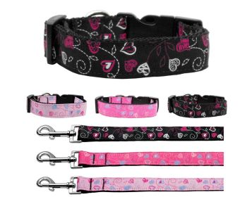 Pet Dog & Cat Nylon Collar or Leash, "Crazy Hearts" (Color: Black, size: Cat Safety Collar)